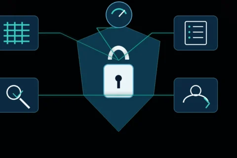 A WordPress security shield surrounded by evaluation criteria: firewall, scanning, logging, access, and performance