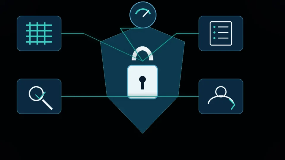 A WordPress security shield surrounded by evaluation criteria: firewall, scanning, logging, access, and performance