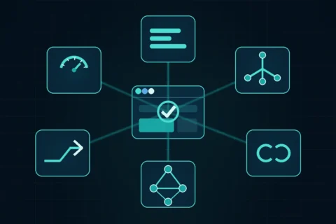 A WordPress page connected to metadata, sitemap, canonical, schema, redirect and performance evaluation nodes