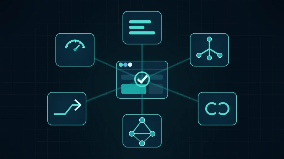 A WordPress page connected to metadata, sitemap, canonical, schema, redirect and performance evaluation nodes