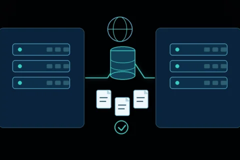 Two hosting environments connected by a controlled transfer path showing database, files, DNS, and verification stages