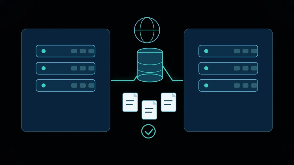 Two hosting environments connected by a controlled transfer path showing database, files, DNS, and verification stages