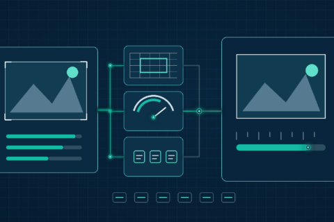 Editorial illustration of a technical image-processing pipeline with resizing and format panels representing WordPress image optimization