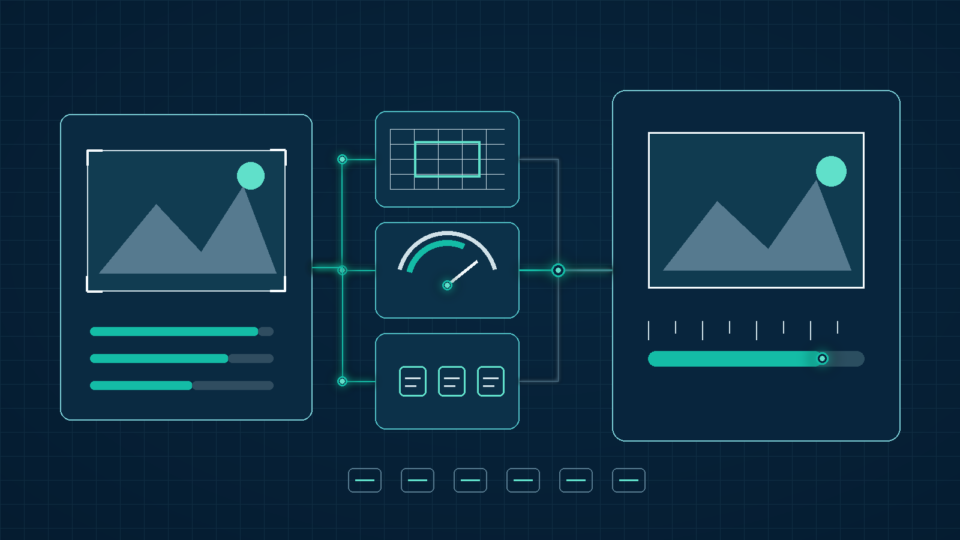Editorial illustration of a technical image-processing pipeline with resizing and format panels representing WordPress image optimization