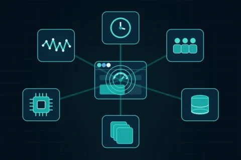 A WordPress site connected to hosting resource indicators: server response, PHP workers, database, cache, CPU and error variability