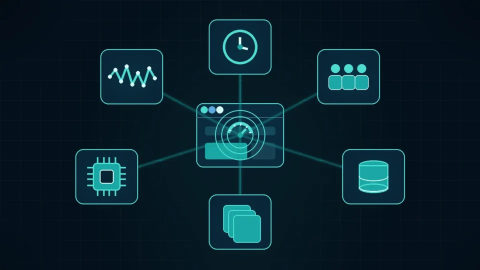 A WordPress site connected to hosting resource indicators: server response, PHP workers, database, cache, CPU and error variability