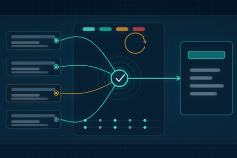 Editorial illustration of URL routing paths converging on one destination node representing canonical URLs and redirects in WordPress