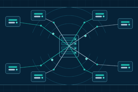 Editorial illustration of a distributed edge-node network surrounding a central origin point representing a CDN