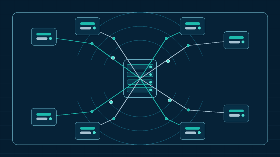Editorial illustration of a distributed edge-node network surrounding a central origin point representing a CDN