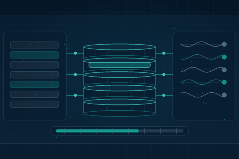 Editorial illustration of interconnected database table diagrams with an autoload indicator representing WordPress database optimization