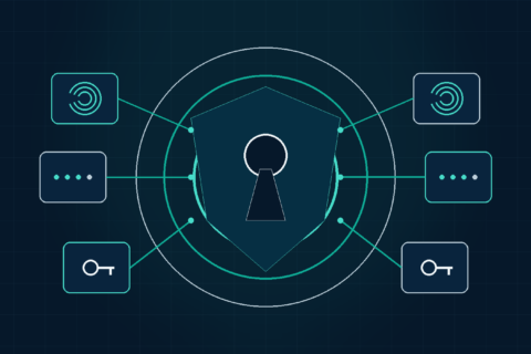 Editorial illustration of a layered authentication gate with multiple verification checkpoints representing WordPress login security