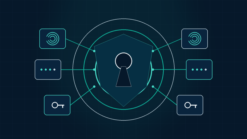 Editorial illustration of a layered authentication gate with multiple verification checkpoints representing WordPress login security
