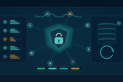 Editorial illustration of layered access control barriers around a protected core representing WordPress security hardening