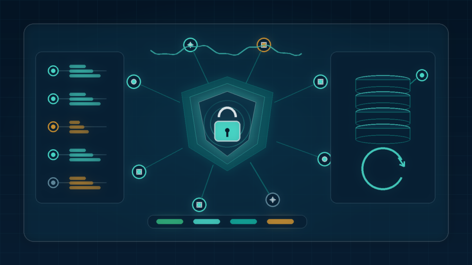 Editorial illustration of layered access control barriers around a protected core representing WordPress security hardening