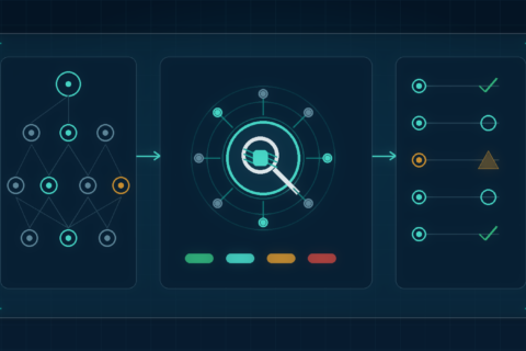 Editorial illustration of a crawler path diagram moving through connected URL nodes representing a WordPress technical SEO audit
