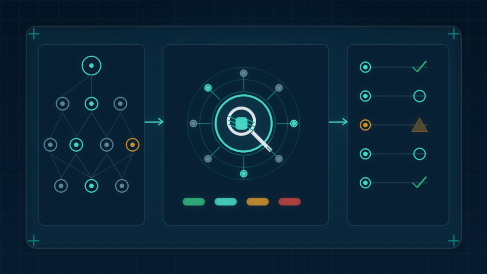 Editorial illustration of a crawler path diagram moving through connected URL nodes representing a WordPress technical SEO audit