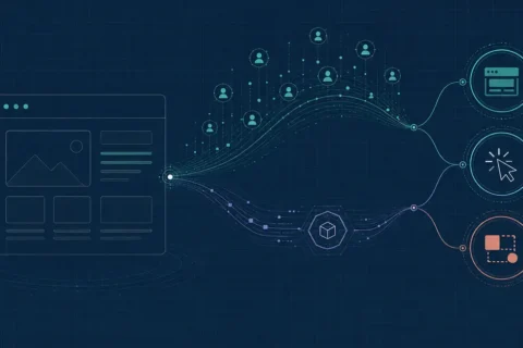 Editorial illustration of a WordPress interface splitting into separate field-data and lab-data diagnostic paths leading to loading, interactivity, and stability nodes.