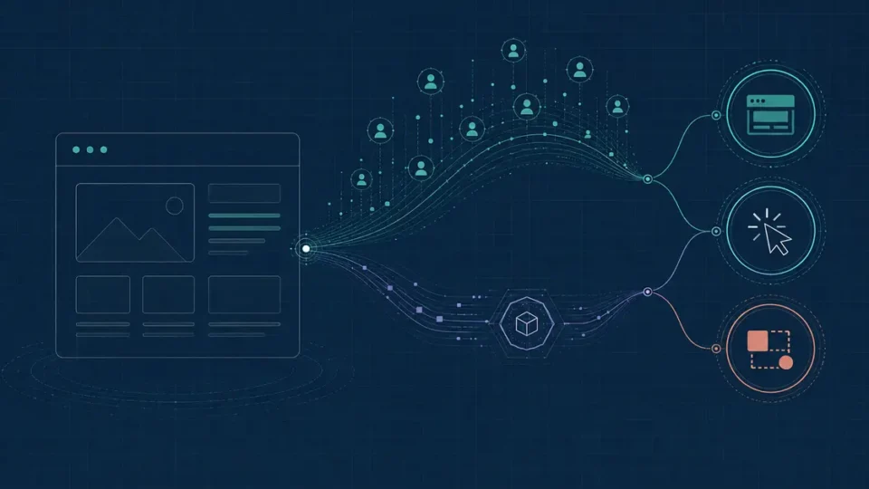 Editorial illustration of a WordPress interface splitting into separate field-data and lab-data diagnostic paths leading to loading, interactivity, and stability nodes.
