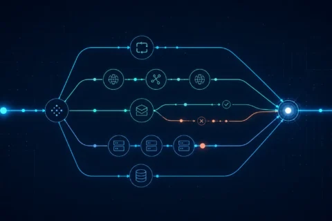 Editorial illustration of a single web request branching into redirect, DNS, caching, hosting, and database diagnostic paths converging at a first-byte marker, representing WordPress TTFB diagnosis.