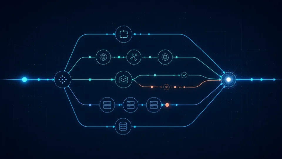 Editorial illustration of a single web request branching into redirect, DNS, caching, hosting, and database diagnostic paths converging at a first-byte marker, representing WordPress TTFB diagnosis.