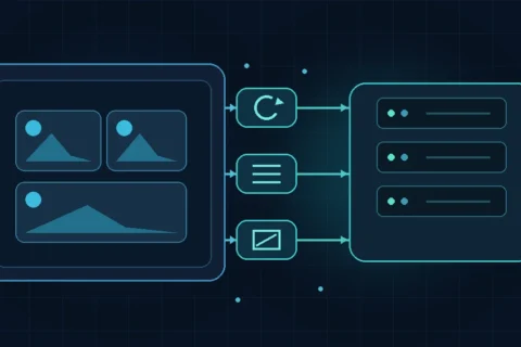 Abstract technical illustration of image processing moving from a browser upload workflow to server storage through several processing stages.