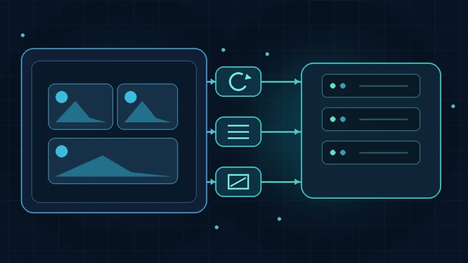 Abstract technical illustration of image processing moving from a browser upload workflow to server storage through several processing stages.